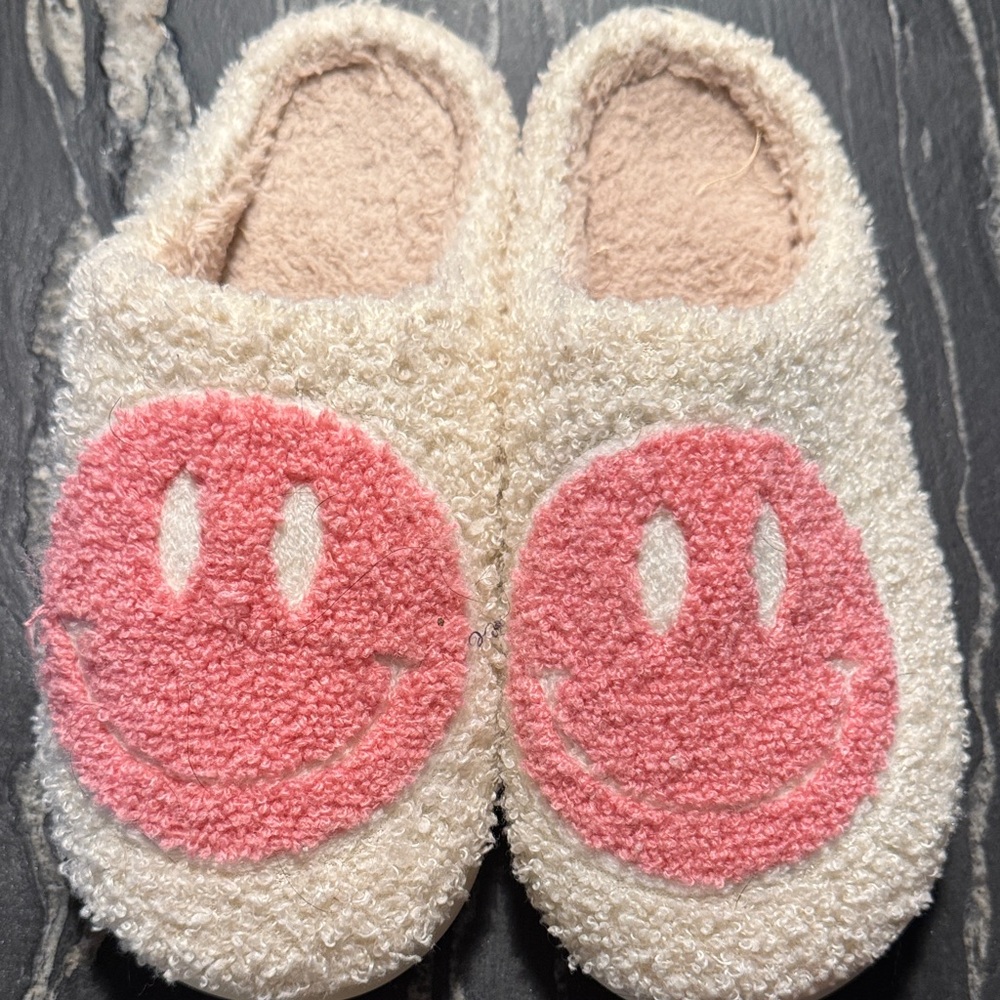 Cozy Fuzzy Slippers with Pink Smiley Face